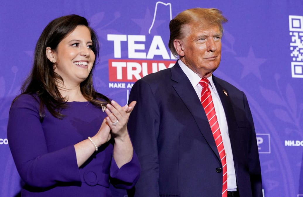 Donald Trump and Representative Elise Stefanik (R-NY) attend a rally ahead of the New Hampshire primary election in Concord, New Hampshire on January 19, 2024
