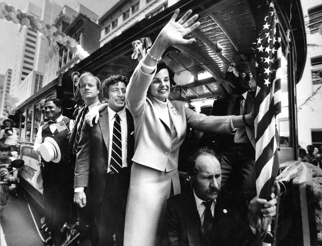 San Francisco Mayor Dianne Feinstein on a cable car with Tony Bennett, June 22, 1984.