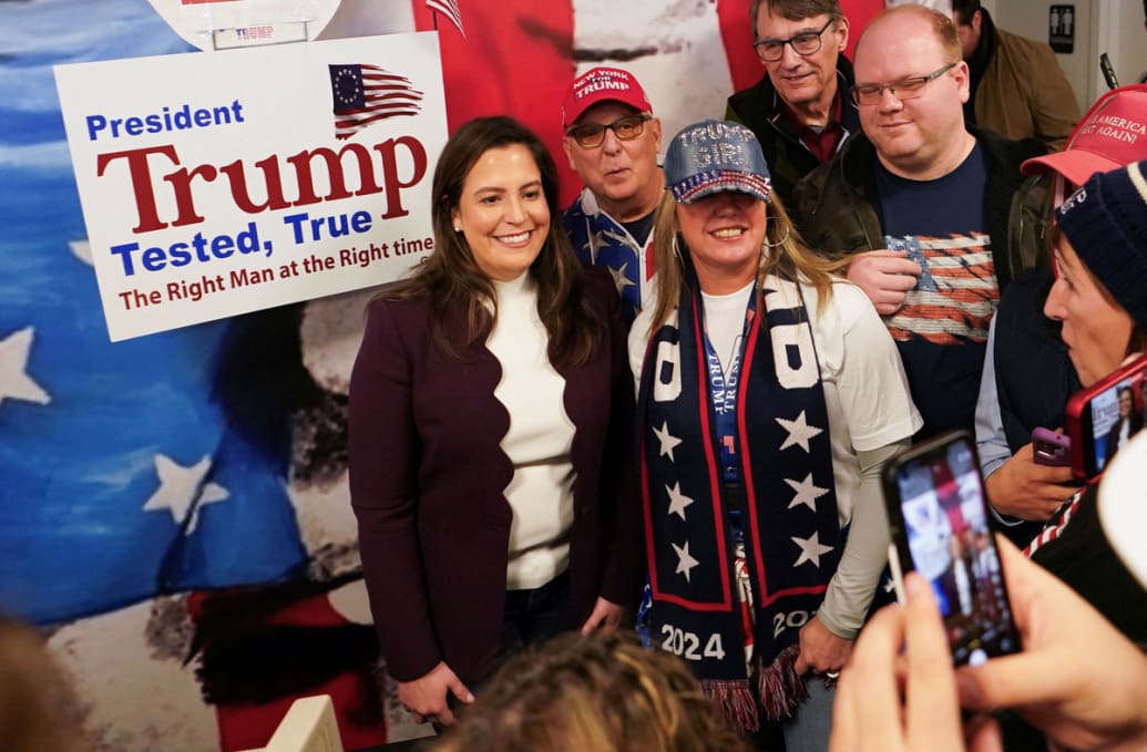 Representative Elise Stefanik (R-NY) poses for a photo after speaking at Team Trump New Hampshire Headquarters ahead of the state's nominating contest in Manchester, New Hampshire, on January 20, 2024.