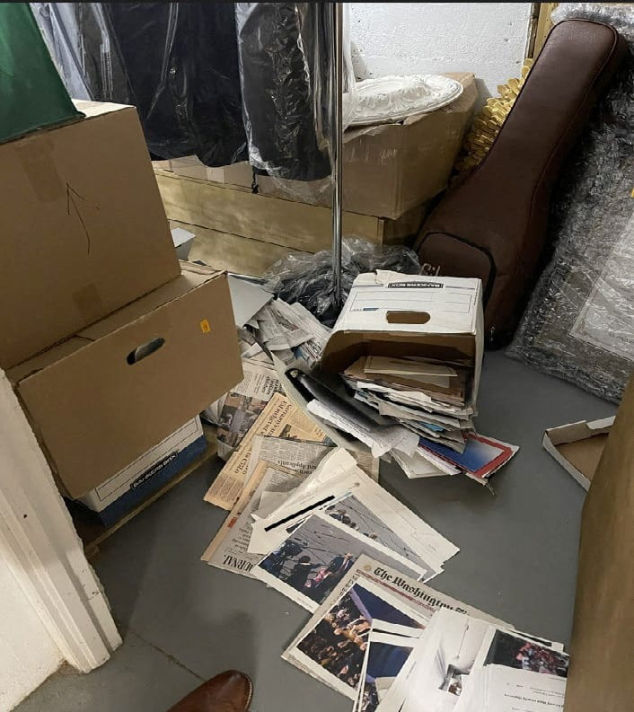 A photo included in the federal indictment against Trump, showing a box of documents, including one classified document, spilled onto the floor of a storeroom at Trump's Mar-a-Lago club in Florida.