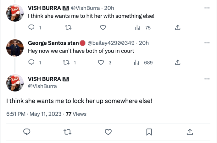 Two tweets from Vish Burra, saying, “I think she wants me to hit her with something else!” and “I think she wants me to lock her up somewhere else!”