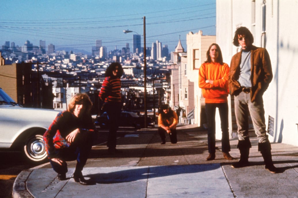 The Grateful Dead pose on the corner of 20th and Connecticut in Potrero Hill, San Francisco, California, circa 1965.
