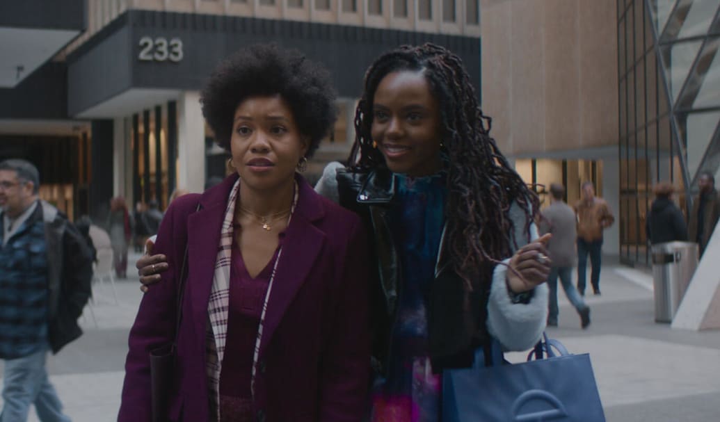 A photo of Sinclair Daniel (Nella) and Ashley Murray (Hazel) in The Other Black Girl