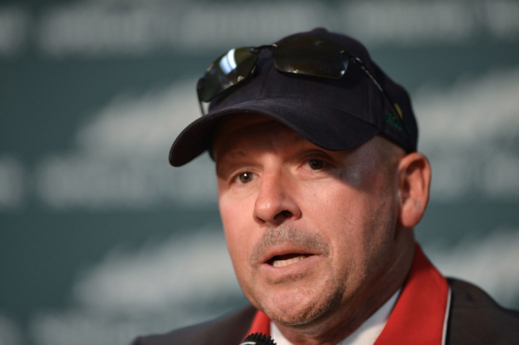 Eric Lamaze at a post-competition press conference 