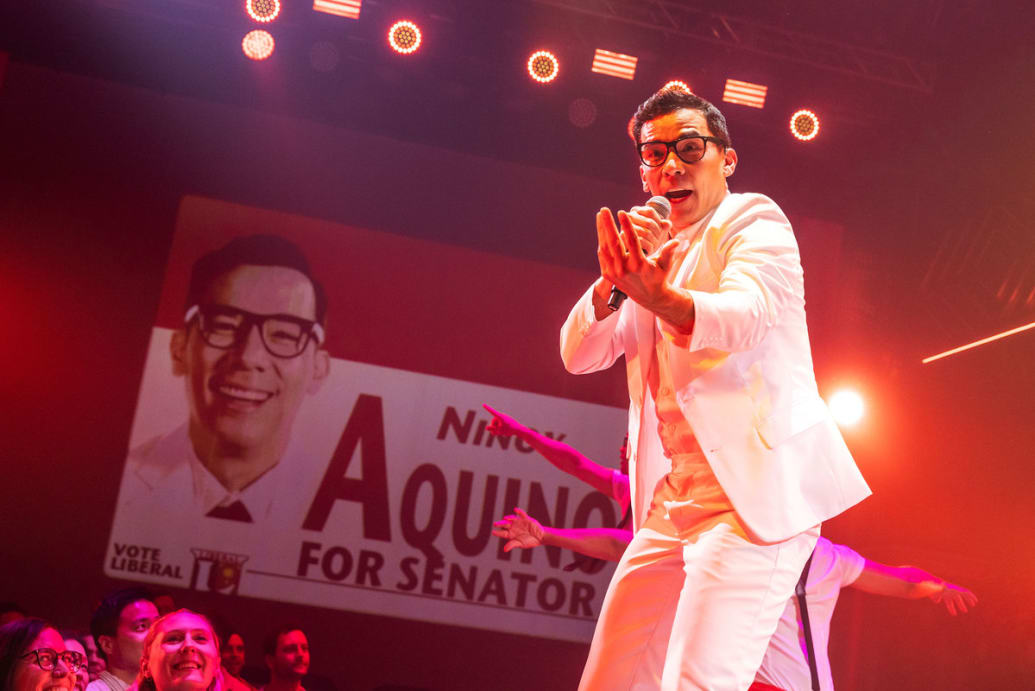 Alt Text: A picture of Conrad Ricamora as Ninoy Aquino in ‘Here Lies Love’