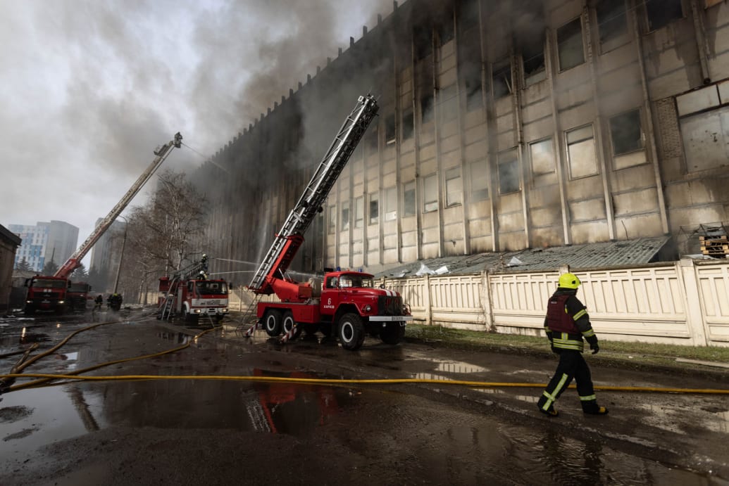Fire extinguishing efforts continue as fire breaks out after a Russian shelling on an industrial building in Kharkiv, Ukraine on March 20, 2024.