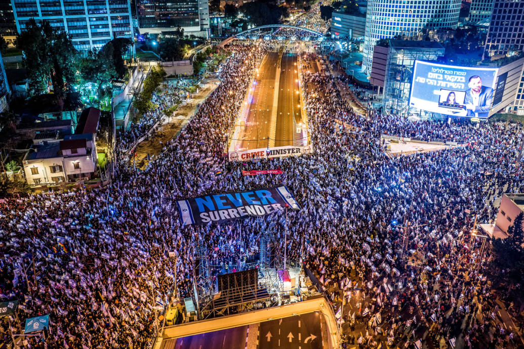 Protests against the contentious judicial overhaul of Israeli Prime Minister Benjamin Netanyahu’s nationalist coalition government in Tel Aviv, Israel, on March 18, 2023.