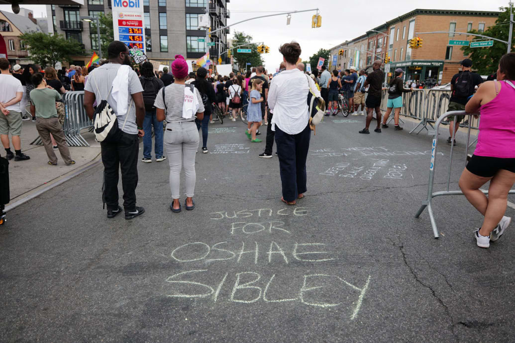 People gather at a memorial for O’Shae Sibley on August 04, 2023 in New York City. 