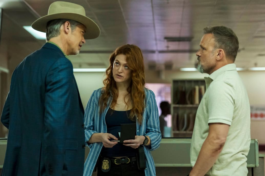 A picture of Timothy Olyphant, Marin Ireland, and Norbert Leo Butz in Justified: City Primeval