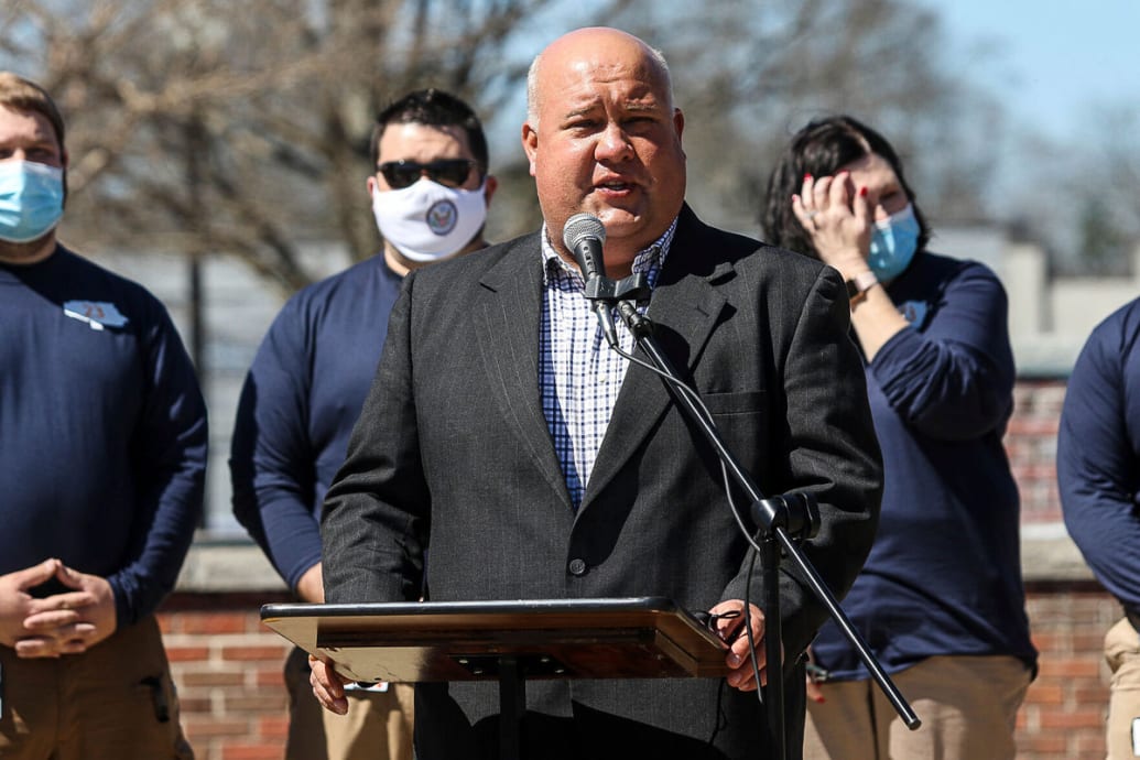 A photograph of Smiths Station Mayor Bubba Copeland speaking during the Wednesday, March 3, 2019, tornado remembrance ceremony at Courthouse Square in downtown Opelika, Ala.