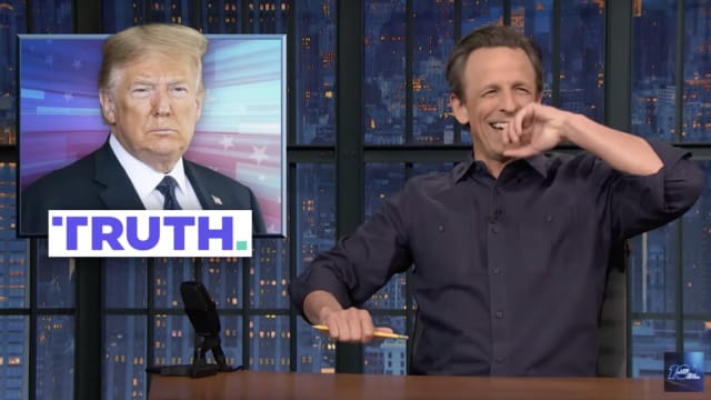 Seth Meyers mocks the sky-high valuation achieved by Donald Trump’s Truth Social this week following its listing on public stock exchanges. 