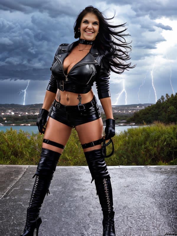 Coralyn Jewel smiles broadly at the camera, as strands of her jet black hair fly up with the breeze. Her motorcycle jacket shows off her jutting breasts and flat stomach, while four lightning strikes shine brilliantly in the background. 