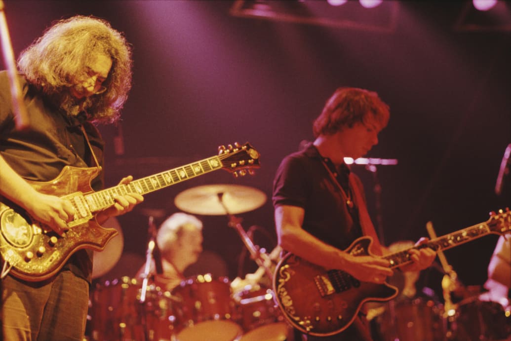 Jerry Garcia and Bob Weir of The Grateful Dead performing at the Wembley Empire Pool in London on April 7, 1972.