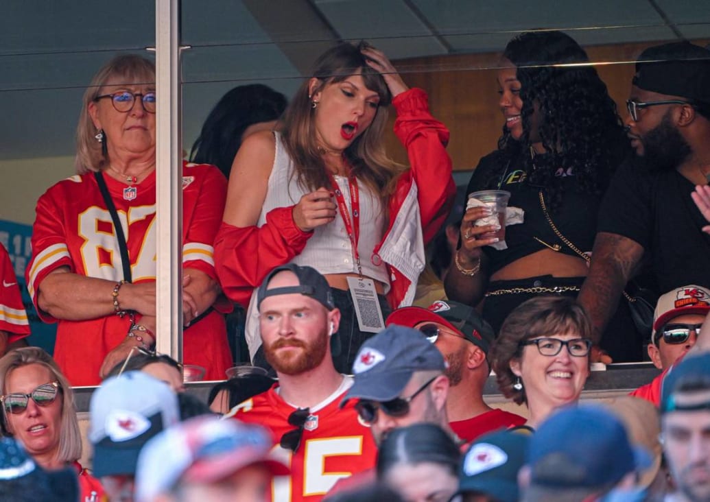 Singer Taylor Swift watches the Kansas City Chiefs take on the Chicago with the mother of Kansas City tight end Travis Kelce, Donna Kelce, Sunday, Sept. 24, 2023, at GEHA Field at Arrowhead Stadium