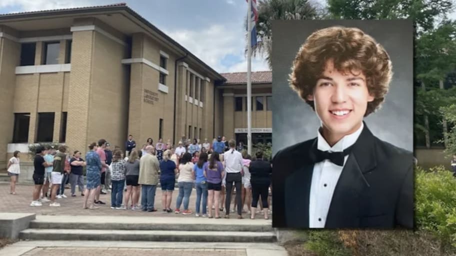A picture of Cameron Robbins overlayed over another picture of people remembering the 18-year-old.
