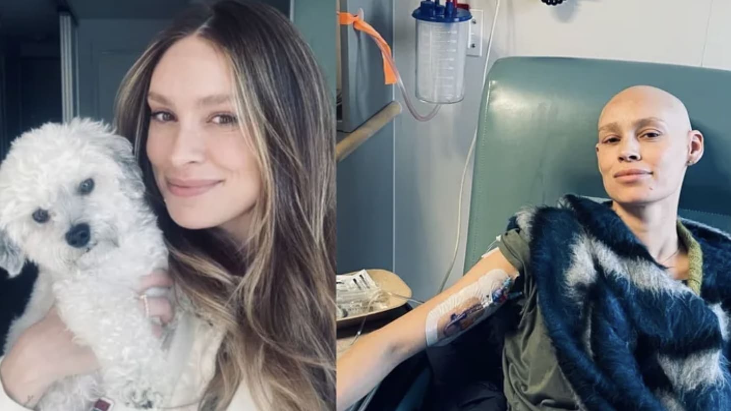 Hailey Merkt smiles with her dog and takes a selfie in hospital bed in side-by-side photos