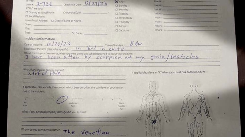 A photo of the incident report filed by Michael Farchi after being bitten by a scorpion at The Venetian Resort.