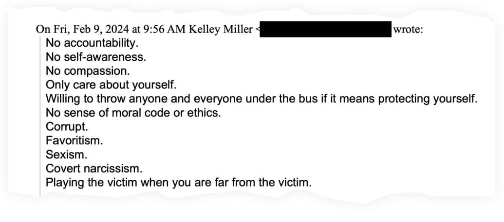A snippet of the lawsuit filed by Matt Cooper and Skillshare against a former employee, Kelley Miller.