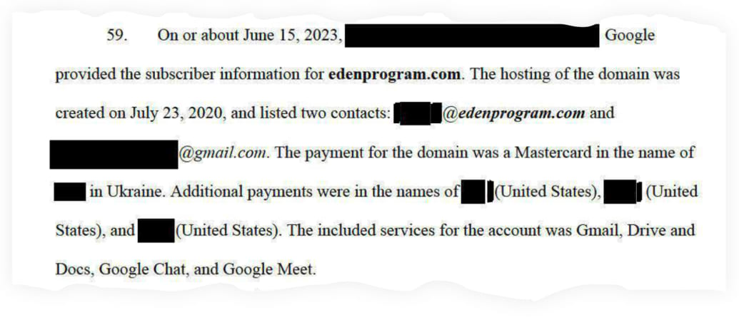 A snippet from the search warrant that says the Eden Programming Solutions false-front website was set up by North Korea using a Mastercard registered in Ukraine.