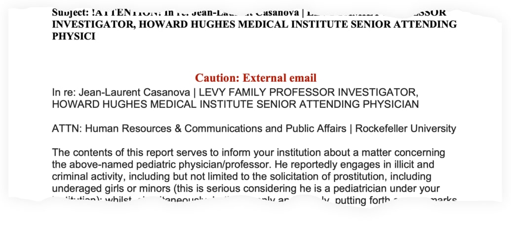 A snippet of the June 18 email Jennifer Lin sent to Rockefeller University with misconduct allegations about Jean-Laurent Casanova as part of an alleged extortion plot.