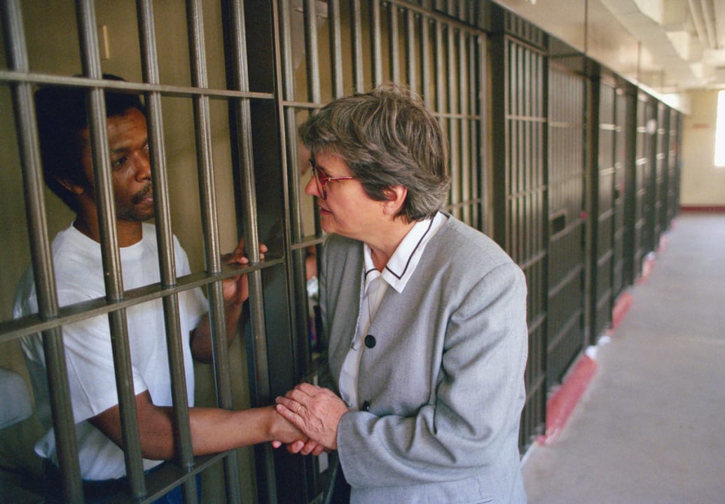 Sister Helen Prejean, right, at the Angolan State Penitentiary.