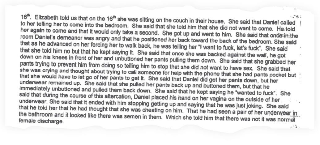 A snippet from the police report taken the night of Daniel Halseth’s altercation with his ex-wife.