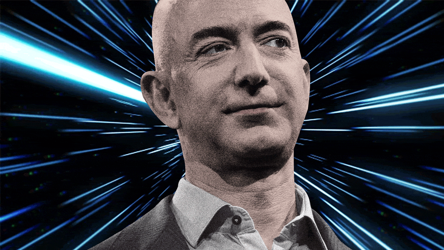 gif of amazon dot com ceo jeff bezos looking into distance in black and white with blue and white electric sparks behind him blue origin colonize moon lunar lander space