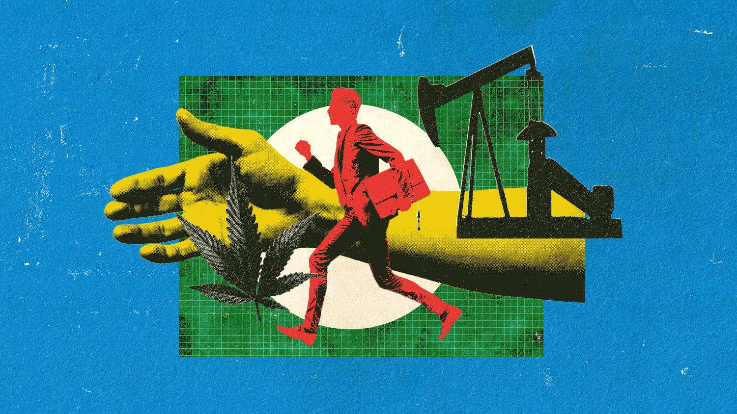 A photo illustration showing the silhouette of a businessman running across an outstretched hand with marijuana and an oil rig