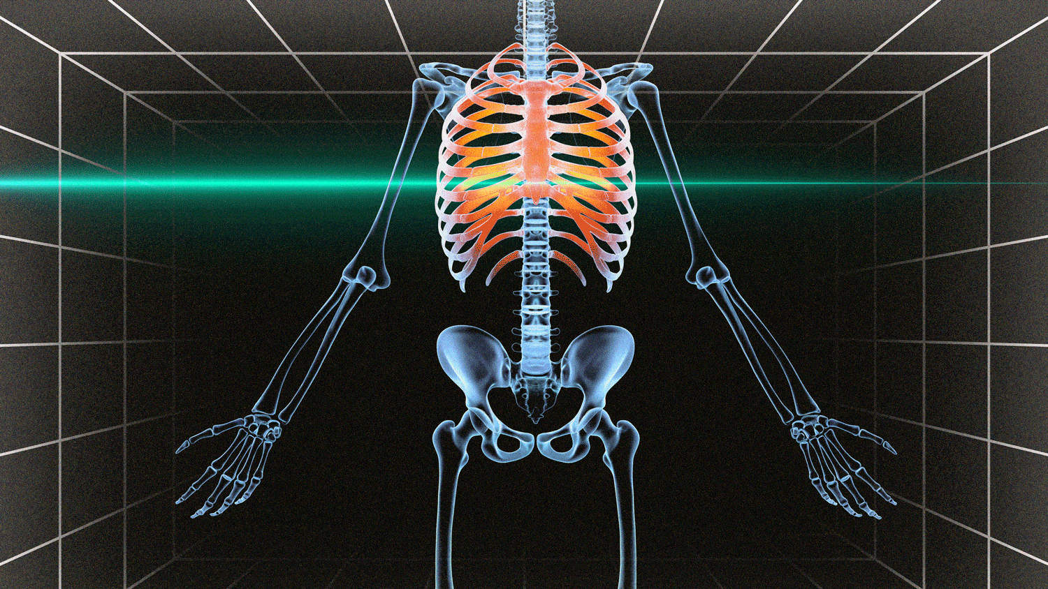 An illustration including a skeleton and 3D laser scanner