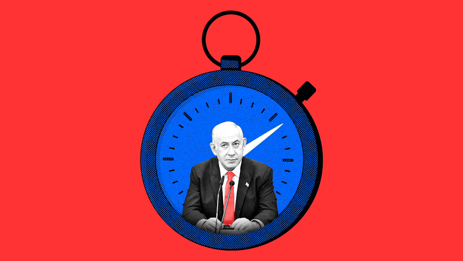 A photo illustration of Benjamin Netanyahu inside of a stopwatch that is ticking down