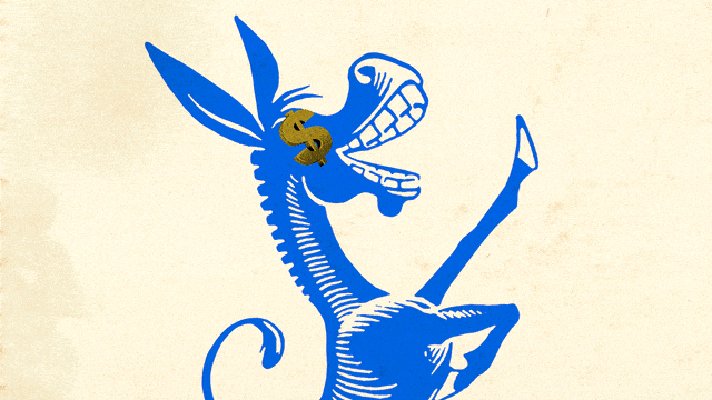 A photo illustration of a cartoon donkey with a dollar sign spinning on his eye