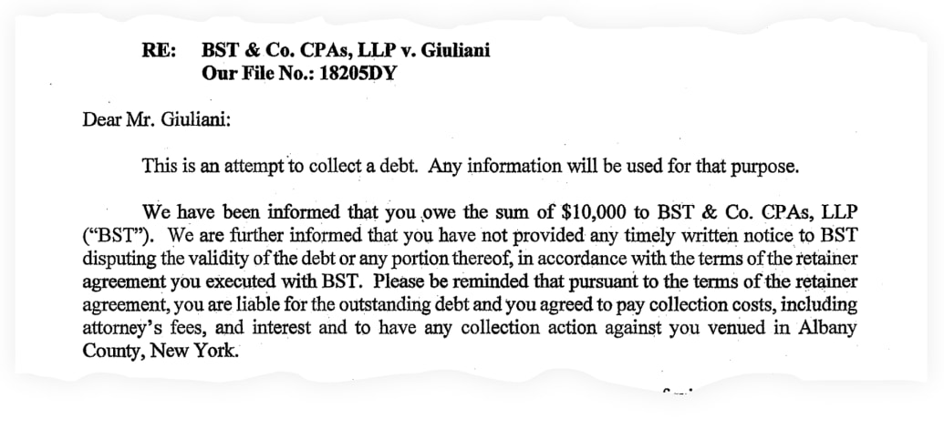 A snippet of a letter sent to Rudy Giuliani by his accountants, demanding payment.