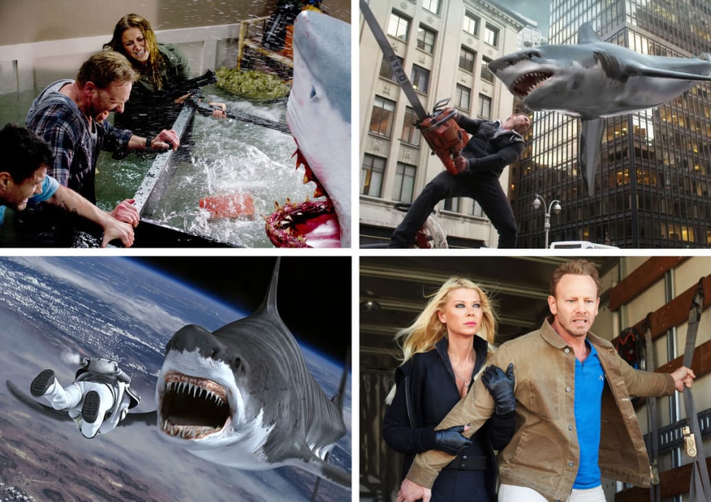 A quadrant of stills with pictures from the four Sharknado movies