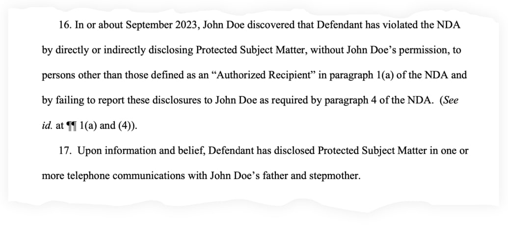 A snippet from John Doe’s lawsuit against his girlfriend for telling his folks about his $1.35 billion lottery win.