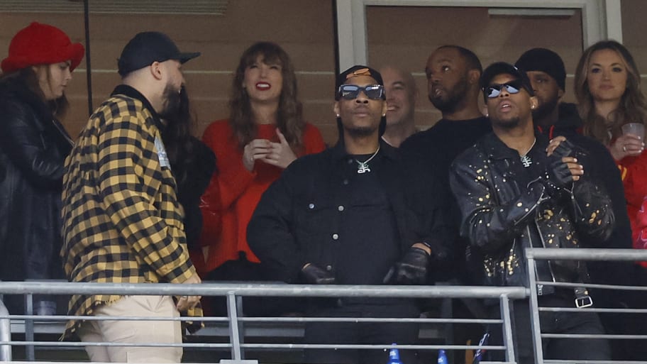 Taylor Swift (center) looks on from the stands during the second half in the AFC Championship football game between the Kansas City Chiefs and the Baltimore Ravens at M&T Bank Stadium. 