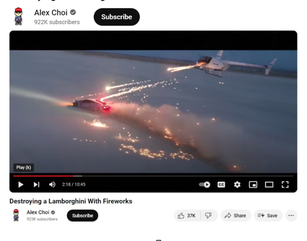 A screengrab from the video in question, of a Lamborghini Huracan being shot at with fireworks from a helicopter.