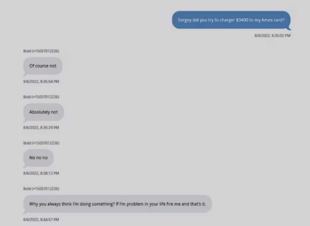 Text messages between Win McCormack, right, and Sergey Lebedenko, left.