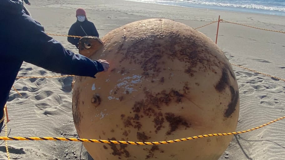 A ball is seen on a beach in Hamamatsu, Japan February 22, 2023.