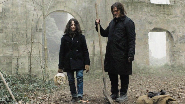 A still from The Walking Dead: Daryl Dixon showing Norman Reedus as Daryl Dixon and Louis Puech Scigliuzzi as Laurent.