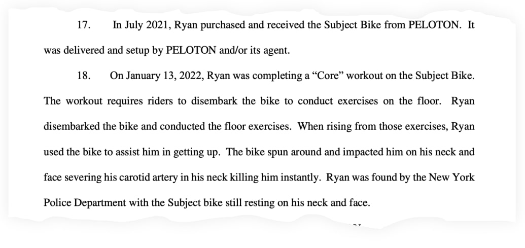 A snippet from the lawsuit filed against Peloton by Ryan Furtado’s mom Johanna.