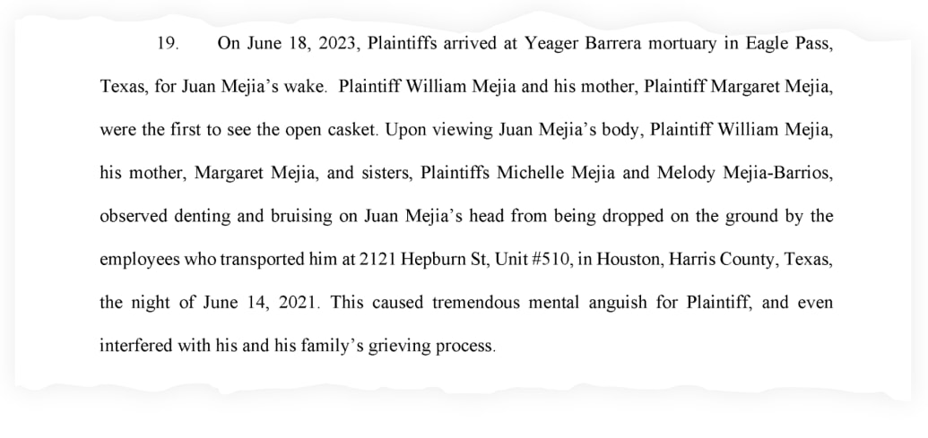 A snippet from a lawsuit filed by Juan Mejia’s family, who say the late postal worker’s head was bruised and dented from being dropped down a staircase by a pair of mortuary workers.