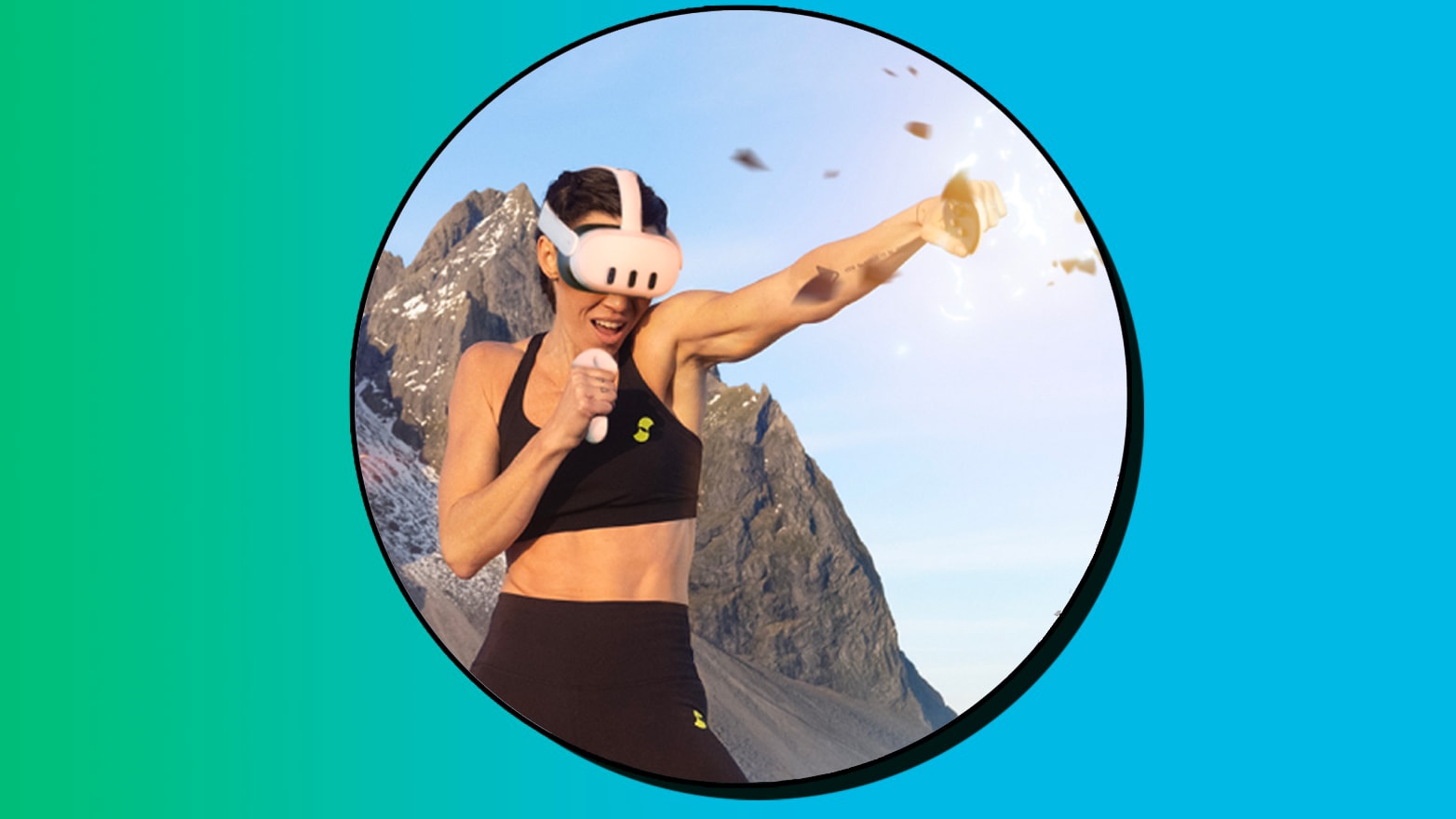 A woman in a meta 3 headset and black workout set punches a virtual target into a million pieces.