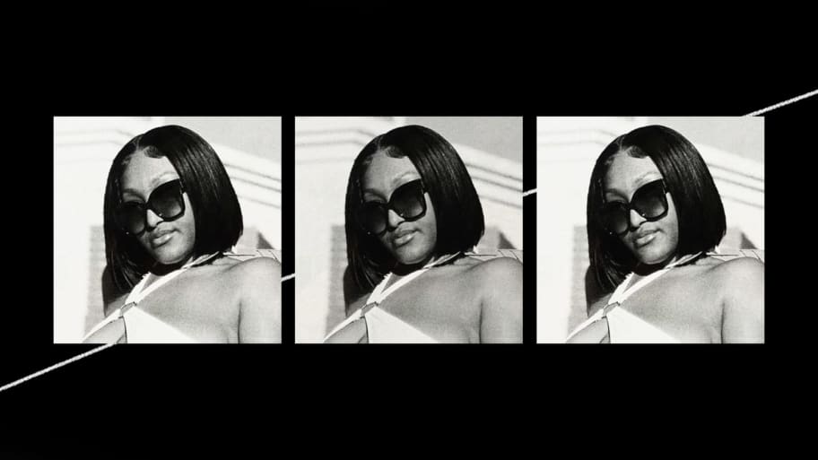 A photo illustration of a black and white photo of Shanquella Robinson in sunglasses