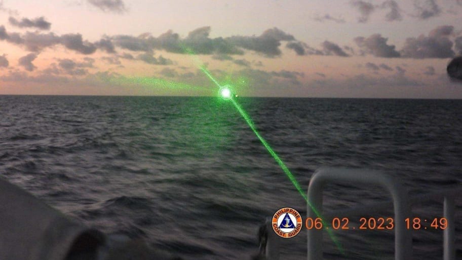 A photo showed by the Philippine Coast Guard purportedly showing a Chinese Coast Guard vessel shining a laser in the South China Sea on Feb. 6, 2023.