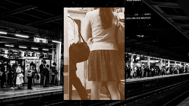A photo illustration showing a camera take a photo of a woman getting on a subway car.