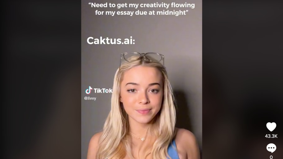 Olivia Dunne in a TikTok with the on-screen words, “need to get my creativity flowing for my essay due at midnight.”