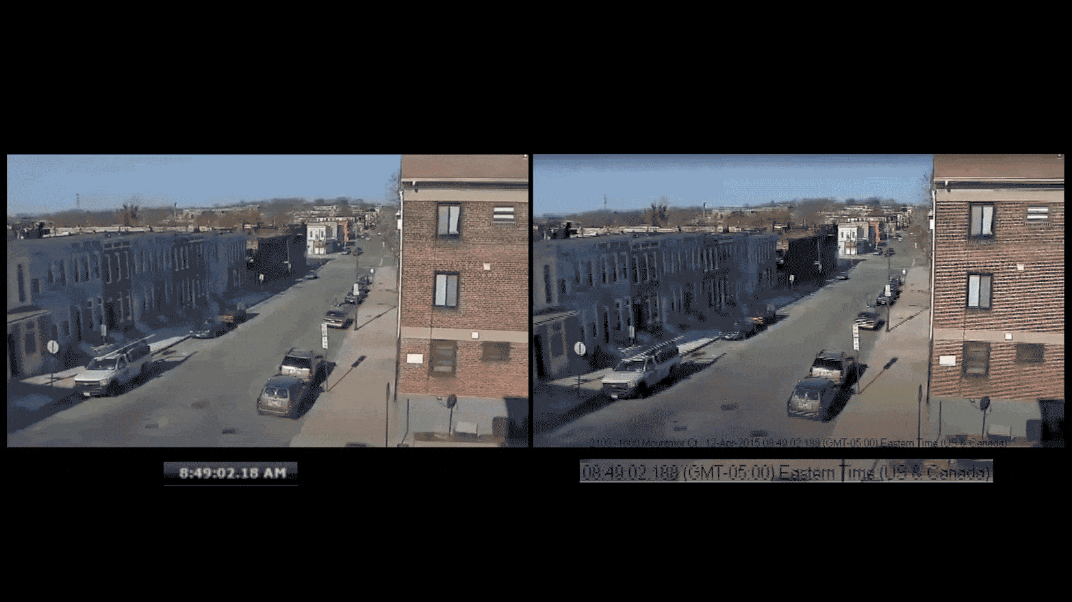 Two gifs showing edited Baltimore police footage from CCTV related to the murder of Freddie Gray.