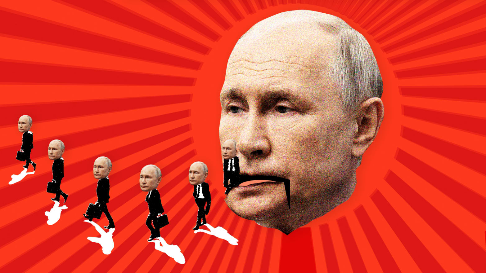 A photo illustration showing a large Putin puppet with small Putin minions trailing out from him.
