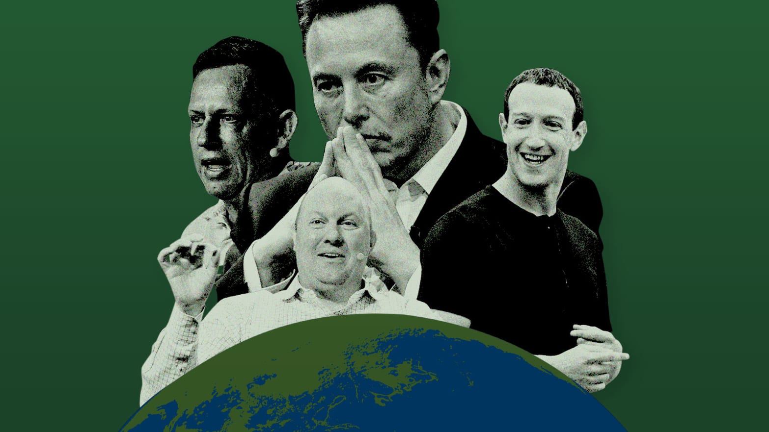 A photo illustration showing Peter Thiel, Mark Zuckerberg, Elon Musk and Marc Anderson as gods looking over the world.