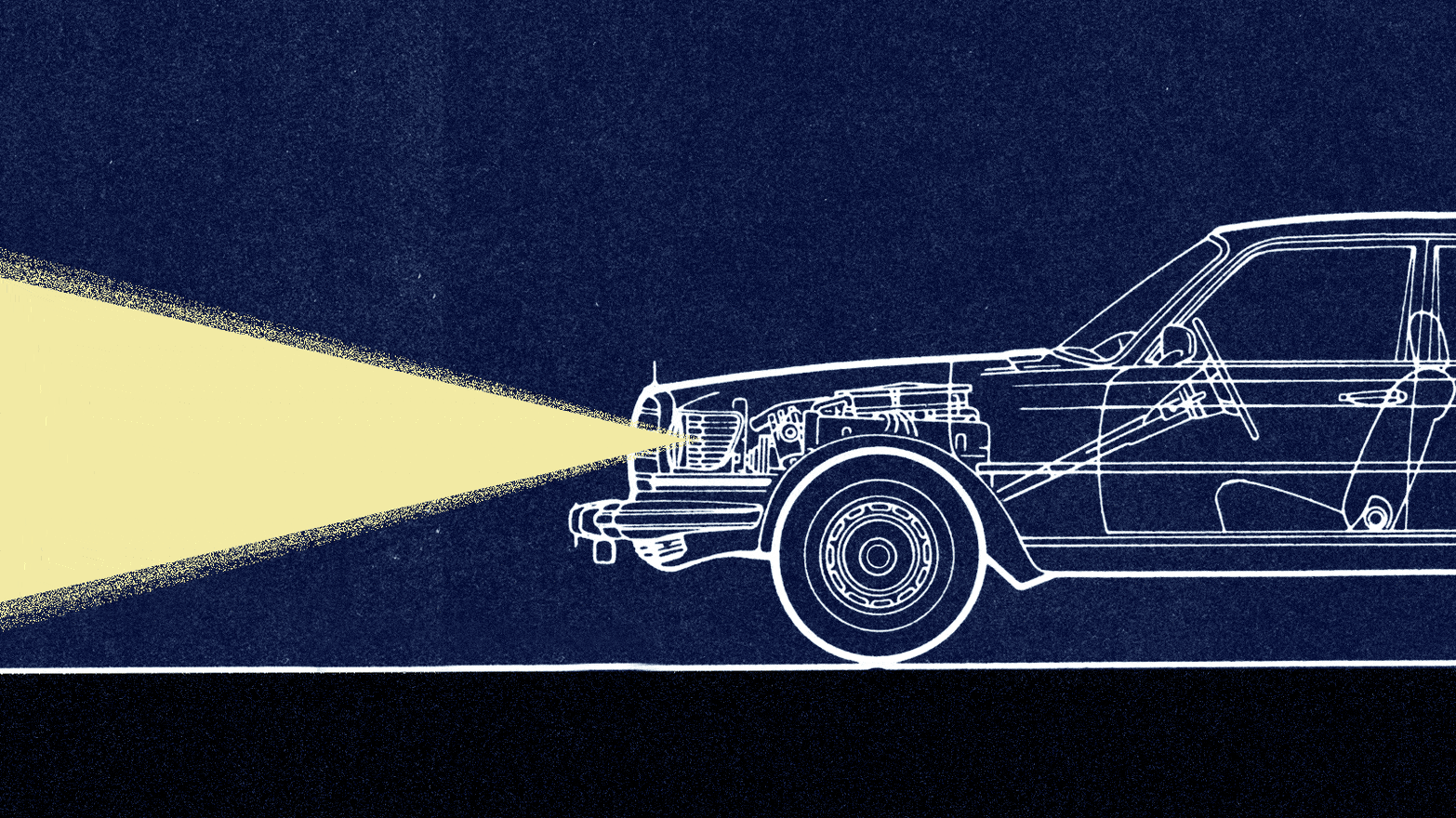 A photo illustration showing a car with adaptive high beams turning on and off. 